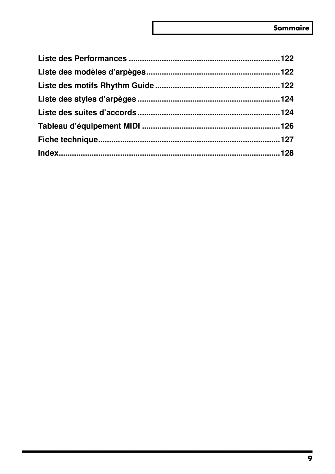 Roland RS-50 Liste des Performances, Liste des motifs Rhythm Guide, Liste des suites d’accords, Fiche technique, Index 