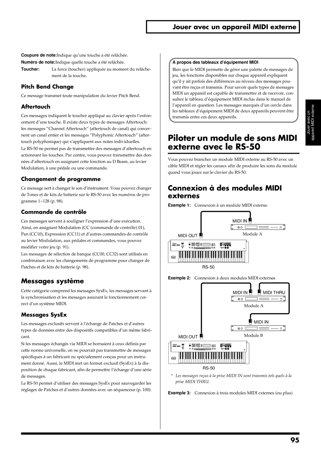 Roland RS-50 manual Messages système, Jouer avec un appareil Midi externe 