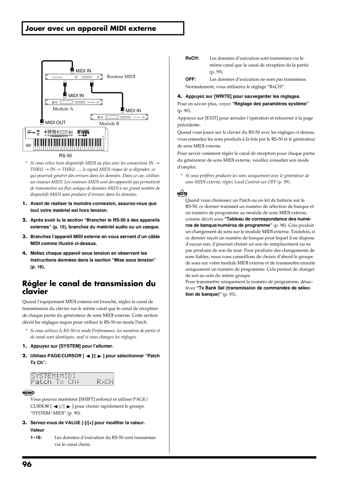 Roland RS-50 manual Régler le canal de transmission du clavier, Servez-vous de Value -/+ pour modifier la valeur. Valeur 