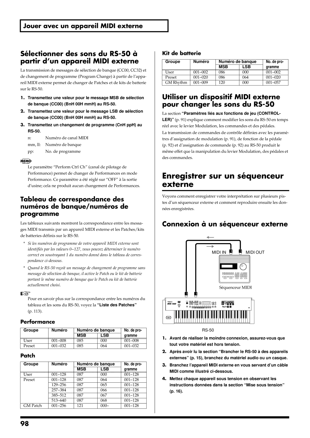 Roland RS-50 Enregistrer sur un séquenceur externe, Connexion à un séquenceur externe, Performance, Patch, Kit de batterie 