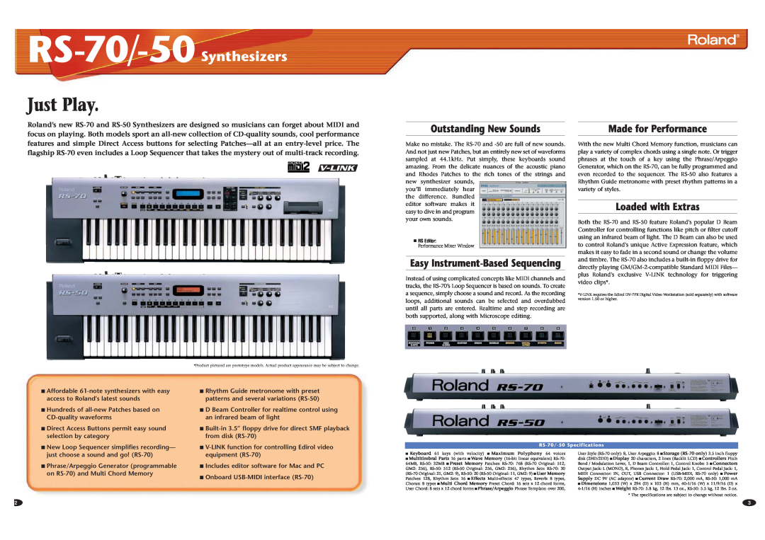 Roland dimensions Just Play, RS-70/-50 Synthesizers, Outstanding New Sounds, Easy Instrument-Based Sequencing 