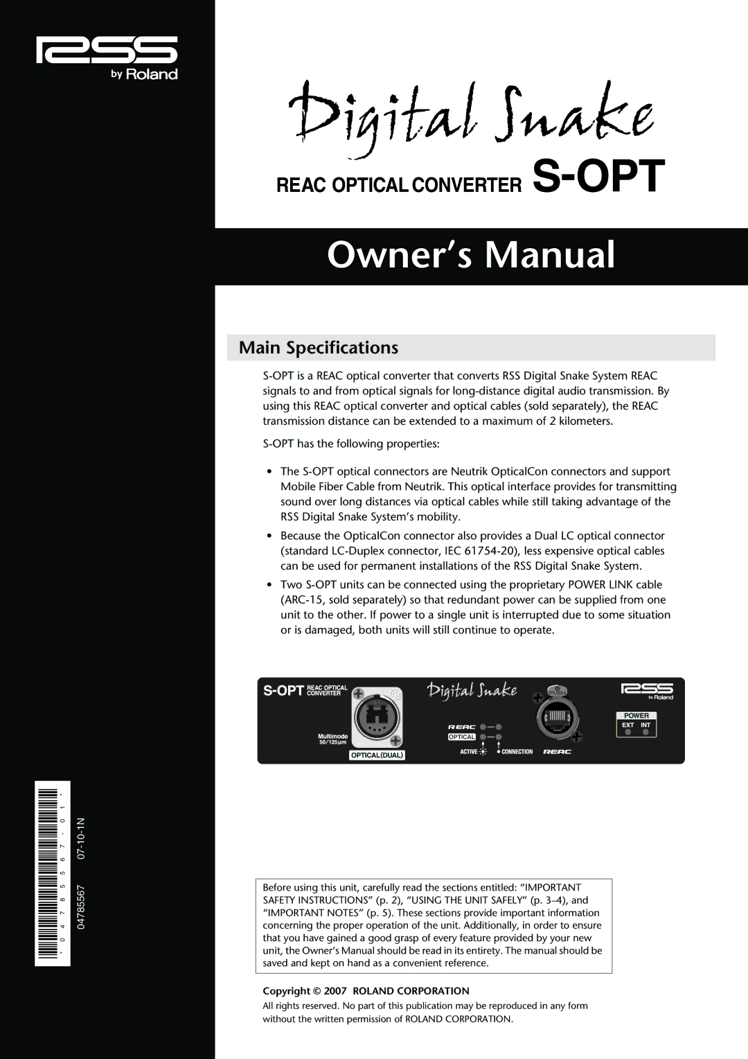 Roland S-OPT owner manual Main Specifications, Copyright 2007 Roland Corporation 