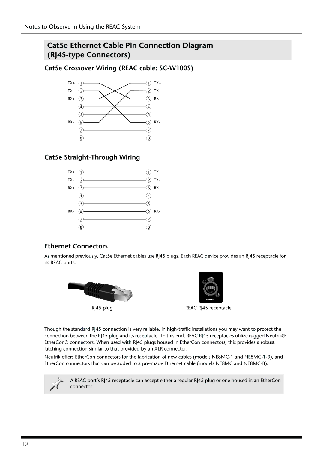 Roland S-OPT owner manual Cat5e Crossover Wiring Reac cable SC-W100S, Cat5e Straight-Through Wiring, Ethernet Connectors 