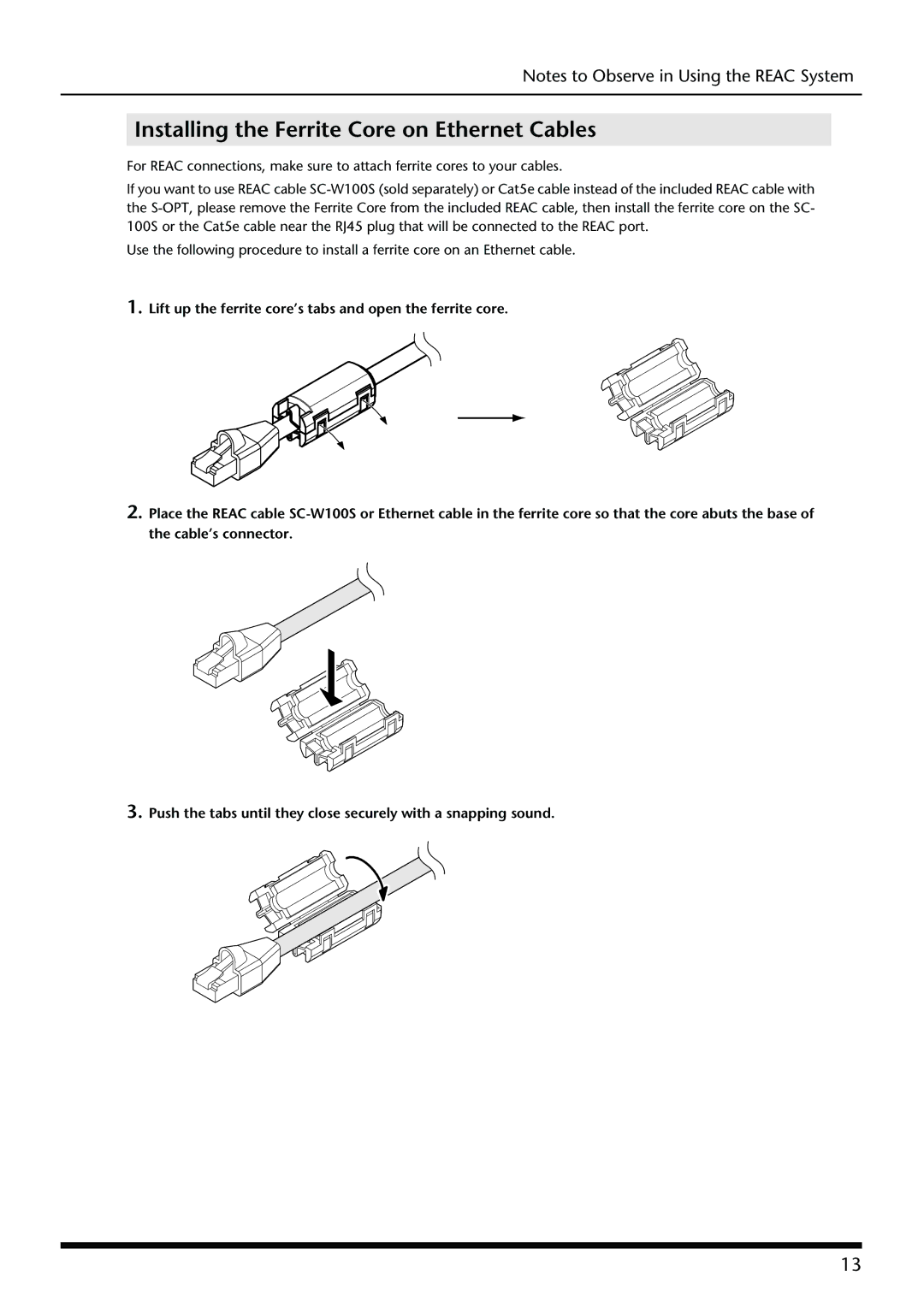 Roland S-OPT owner manual Installing the Ferrite Core on Ethernet Cables 