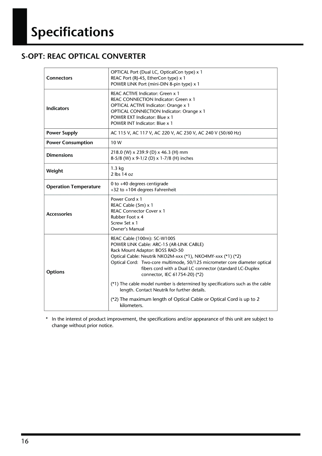 Roland S-OPT owner manual Specifications, OPT Reac Optical Converter 