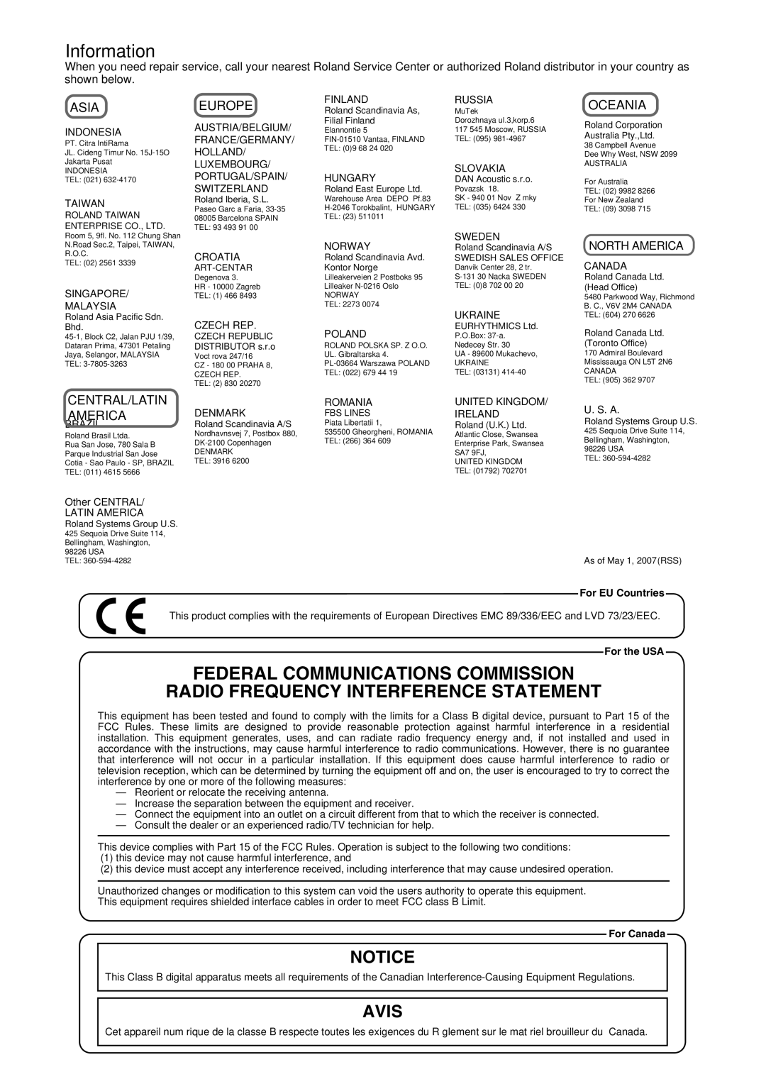 Roland S-OPT owner manual Information, Europe 