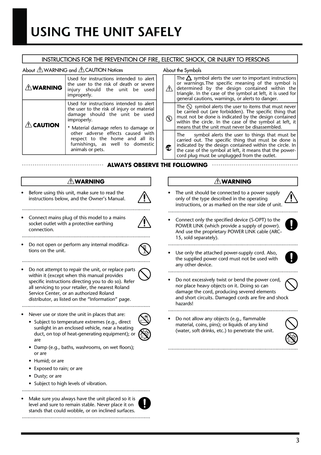 Roland S-OPT owner manual Using the Unit Safely 