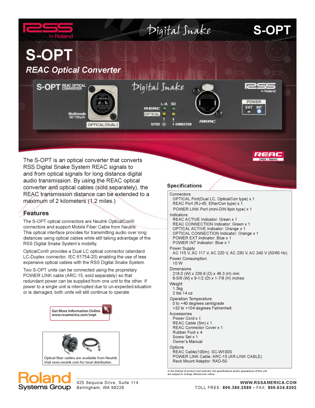 Roland S-OPT specifications Reac Optical Converter, Features, Specifications 