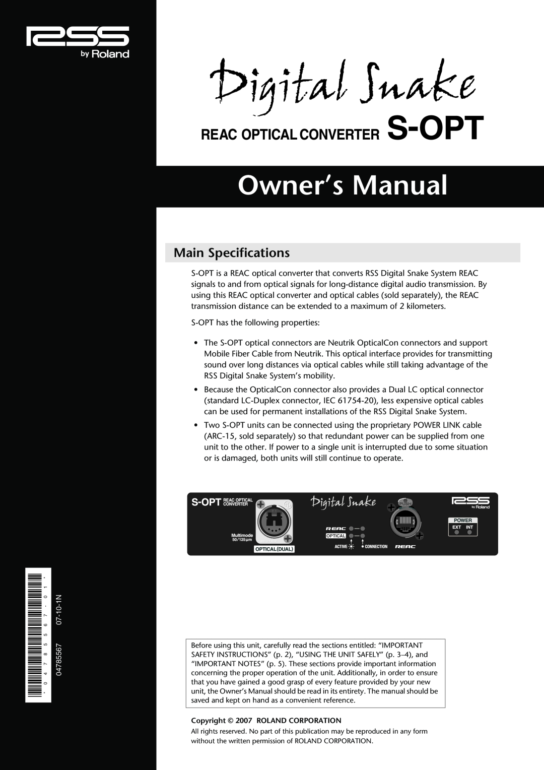 Roland S-OPT specifications S-Opt, TOLL FREE 800.380.2580 FAX, REAC Optical Converter, Features, Specifications 
