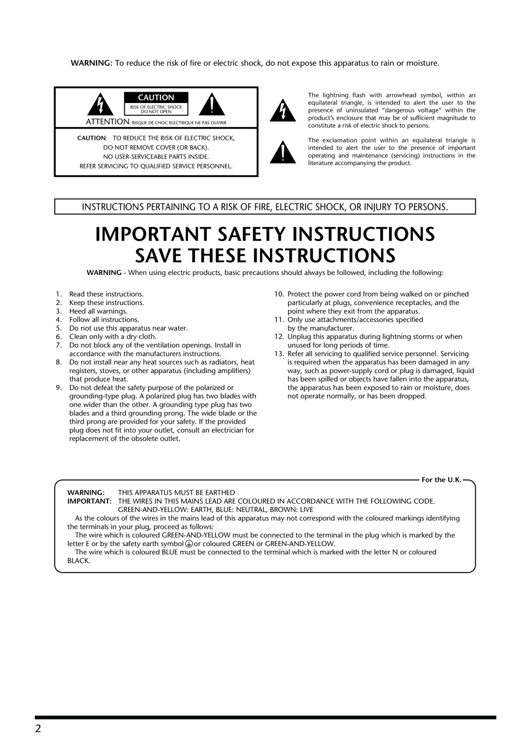 Roland S-OPT owner manual Important Safety Instructions, Save These Instructions, For the U.K 