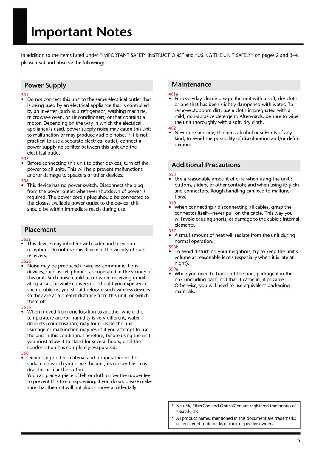 Roland S-OPT owner manual Important Notes, Power Supply, Placement, Maintenance, Additional Precautions 