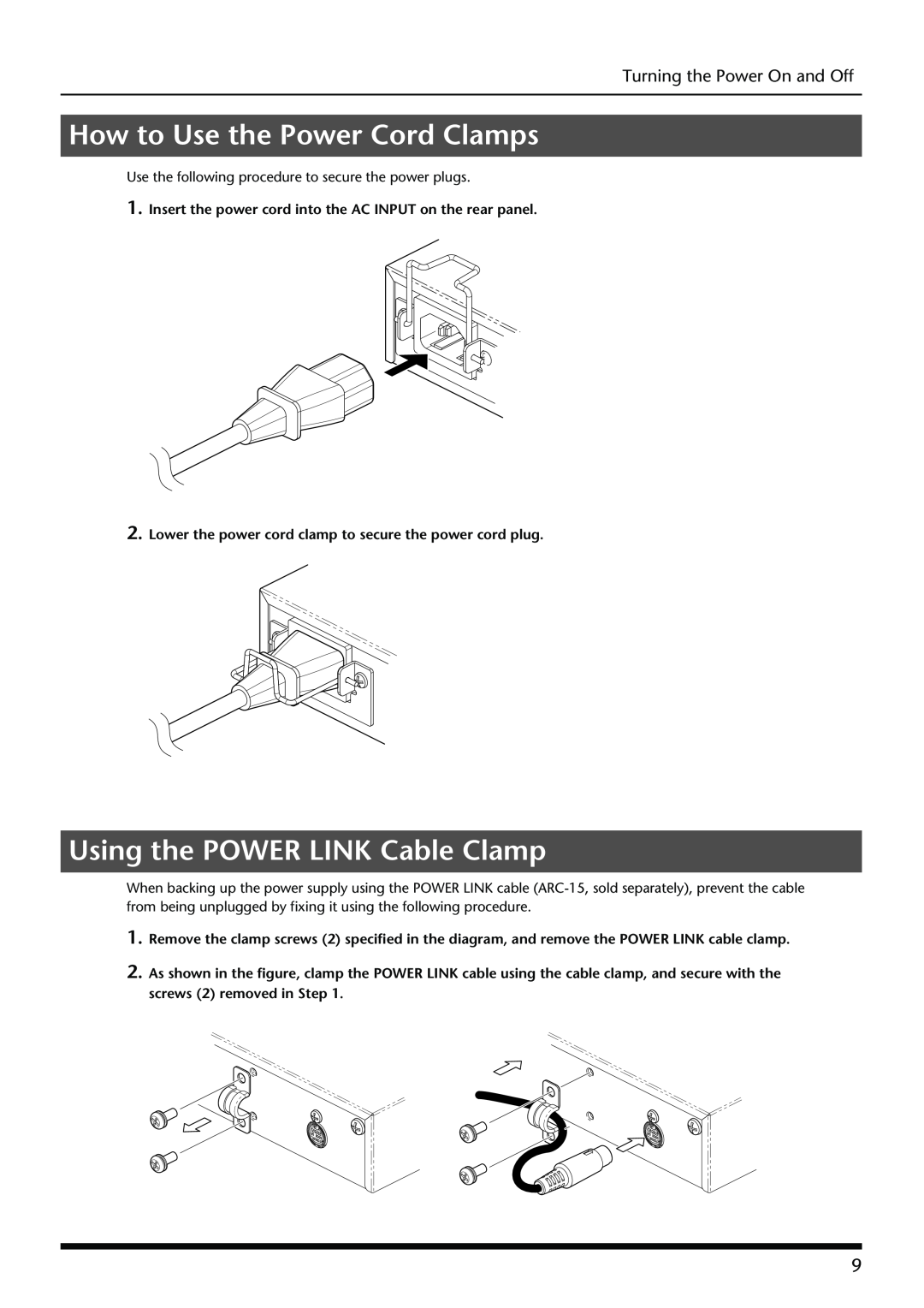 Roland S-OPT owner manual How to Use the Power Cord Clamps, Using the POWER LINK Cable Clamp, Turning the Power On and Off 