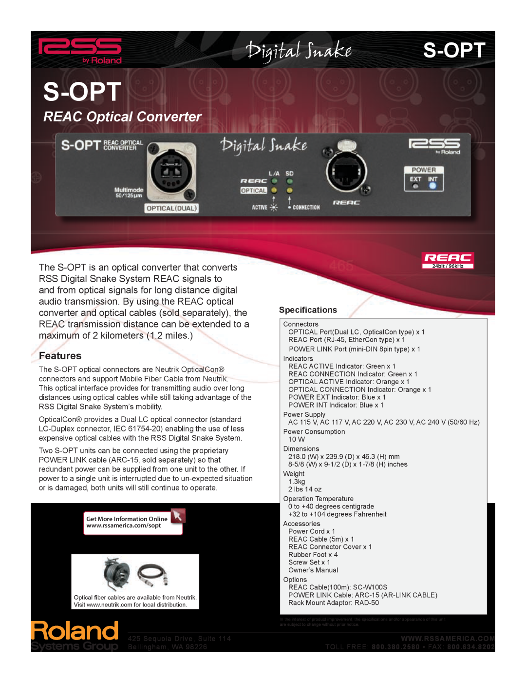 Roland S-OPT specifications S-Opt, TOLL FREE 800.380.2580 FAX, REAC Optical Converter, Features, Specifications 