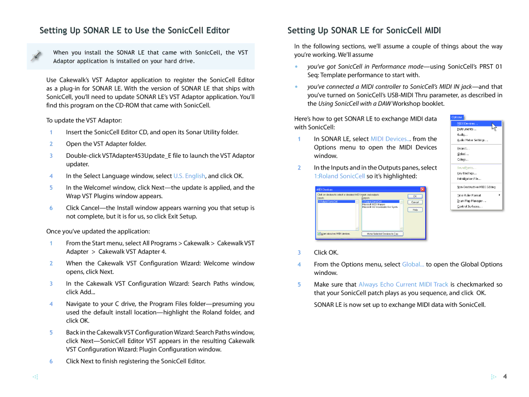 Roland SCWS03 manual Setting Up Sonar LE to Use the SonicCell Editor, Setting Up Sonar LE for SonicCell Midi 