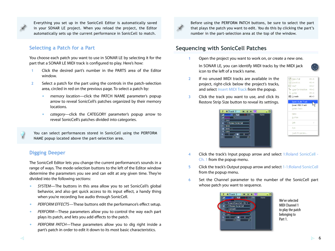 Roland SCWS03 manual Sequencing with SonicCell Patches, Selecting a Patch for a Part, Digging Deeper 