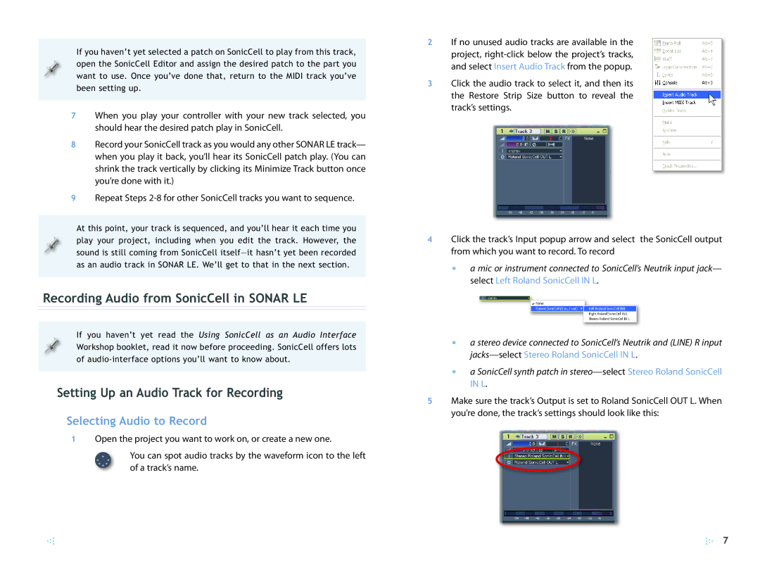 Roland SCWS03 manual Recording Audio from SonicCell in Sonar LE, Setting Up an Audio Track for Recording 