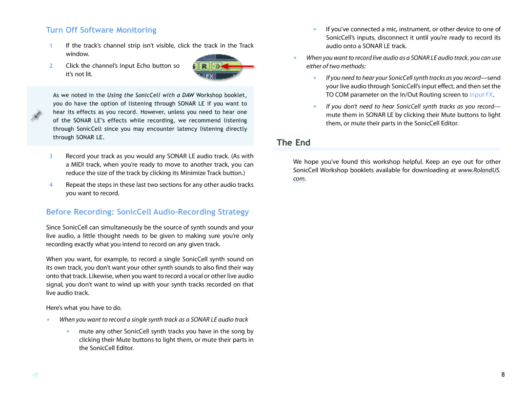 Roland SCWS03 manual End, Turn Off Software Monitoring, Before Recording SonicCell Audio-Recording Strategy 