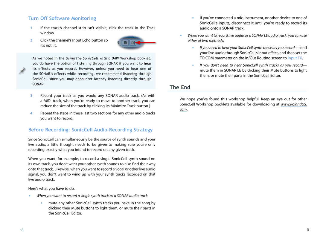 Roland SCWS04 manual End, Turn Off Software Monitoring, Before Recording SonicCell Audio-Recording Strategy 