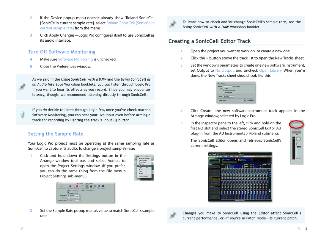 Roland SCWS05 manual Creating a SonicCell Editor Track, Turn Off Software Monitoring, Setting the Sample Rate 