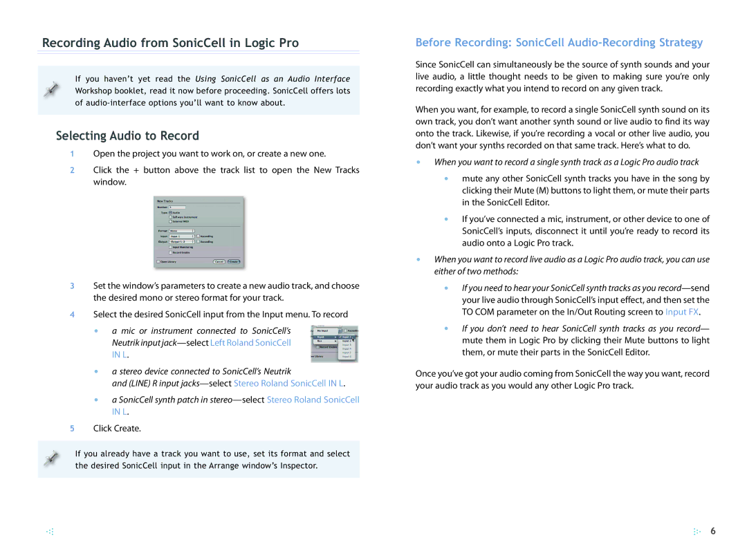 Roland SCWS05 manual Recording Audio from SonicCell in Logic Pro, Selecting Audio to Record, Click Create 