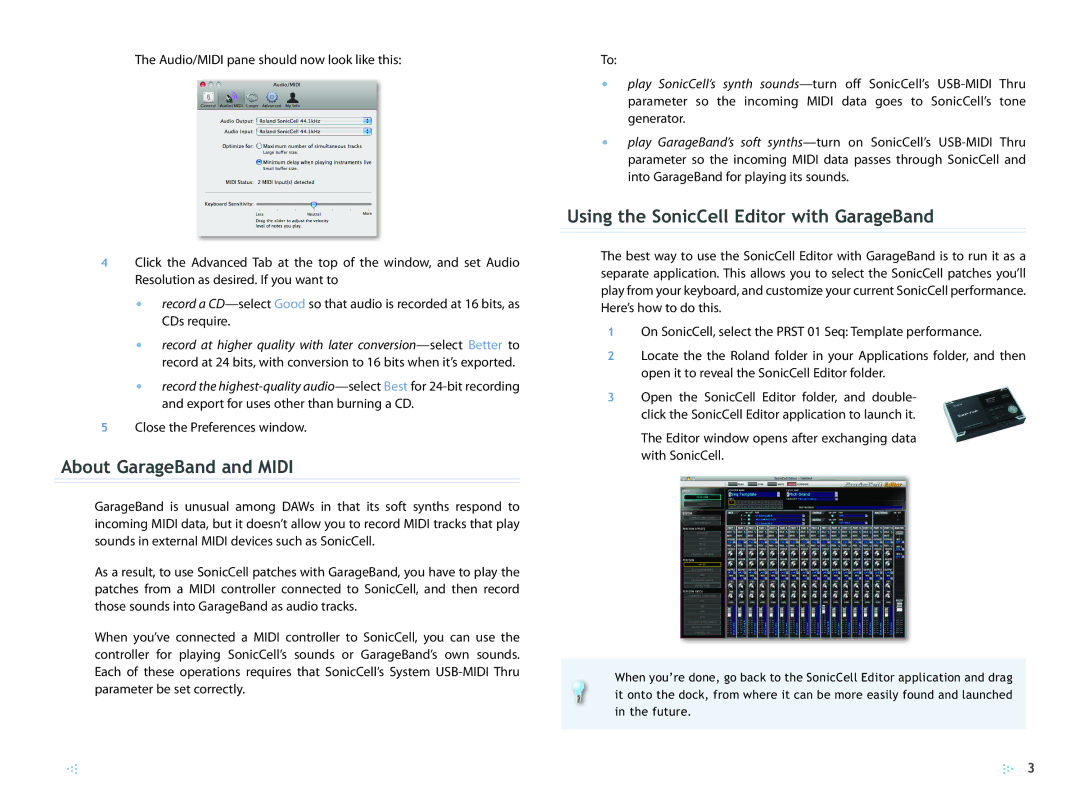 Roland SCWS06 manual About GarageBand and Midi, Using the SonicCell Editor with GarageBand, Close the Preferences window 