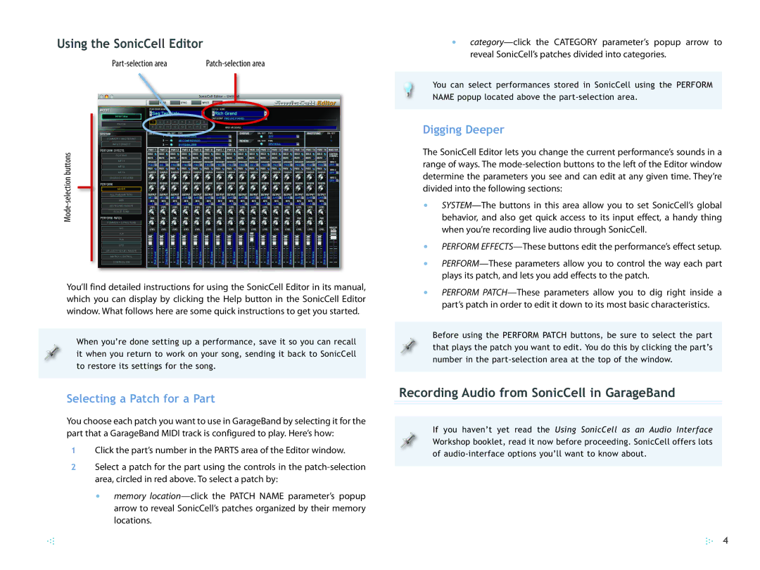 Roland SCWS06 manual Using the SonicCell Editor, Recording Audio from SonicCell in GarageBand, Selecting a Patch for a Part 