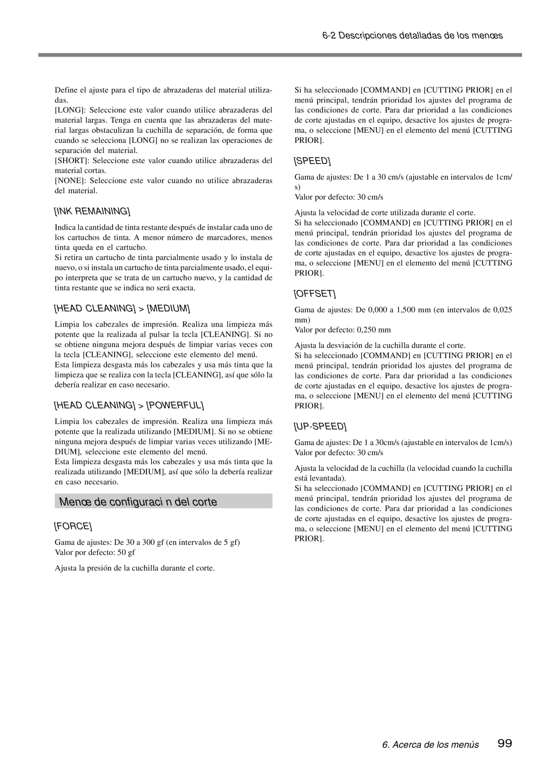 Roland SP-300 manual Menú de configuración del corte, INK Remaining 