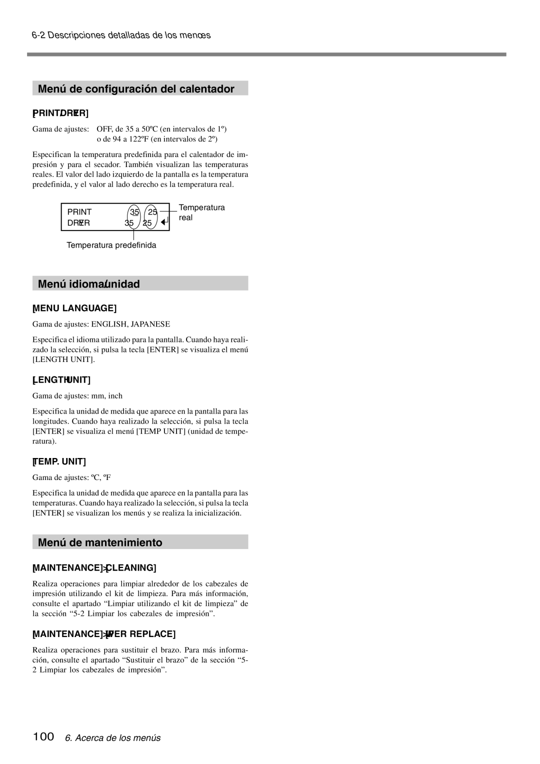 Roland SP-300 manual Menú de configuración del calentador, Menú idioma/unidad, Menú de mantenimiento 