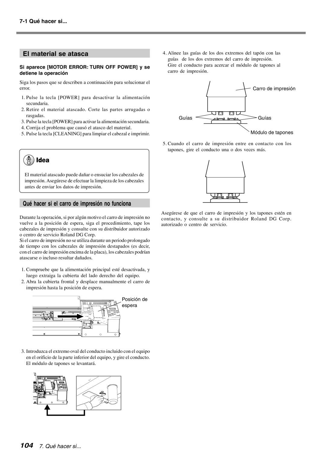 Roland SP-300 manual El material se atasca, Posición de espera, Carro de impresión Guías, Módulo de tapones 