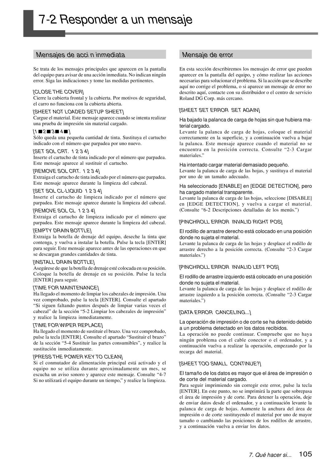 Roland SP-300 manual 2Responderaunmensaje, Mensajes de acción inmediata, Mensaje de error 