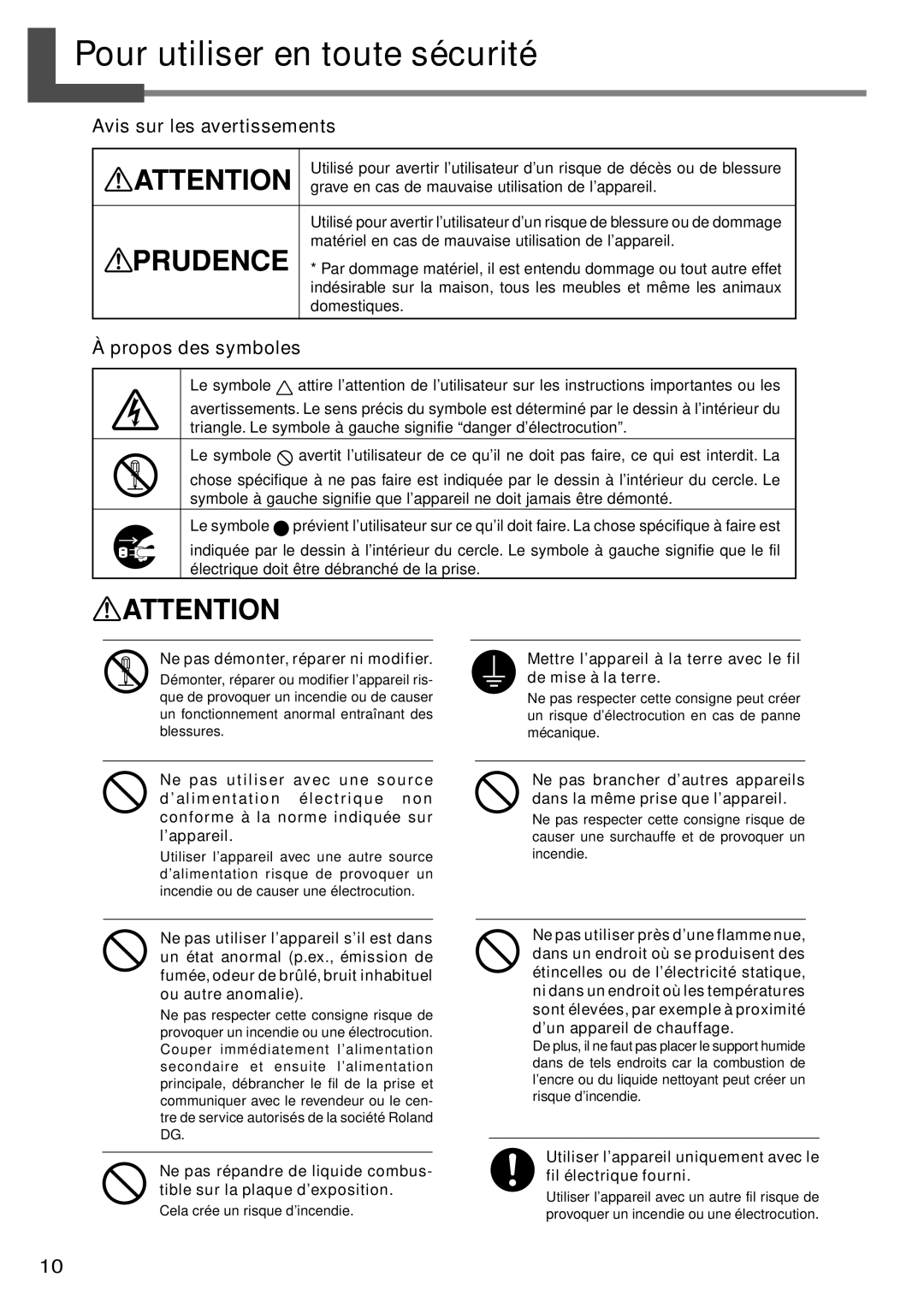 Roland SP-300 manual Pour utiliser en toute sécurité, Avis sur les avertissements, Propos des symboles 