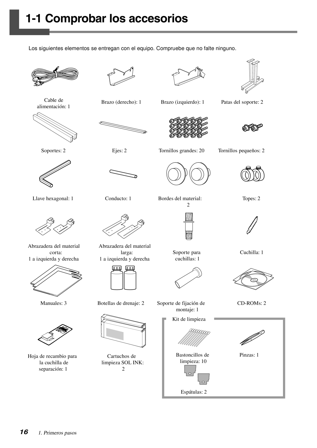 Roland SP-300 manual Comprobar los accesorios, Cable de Brazo derecho Alimentación Soportes, Ejes 