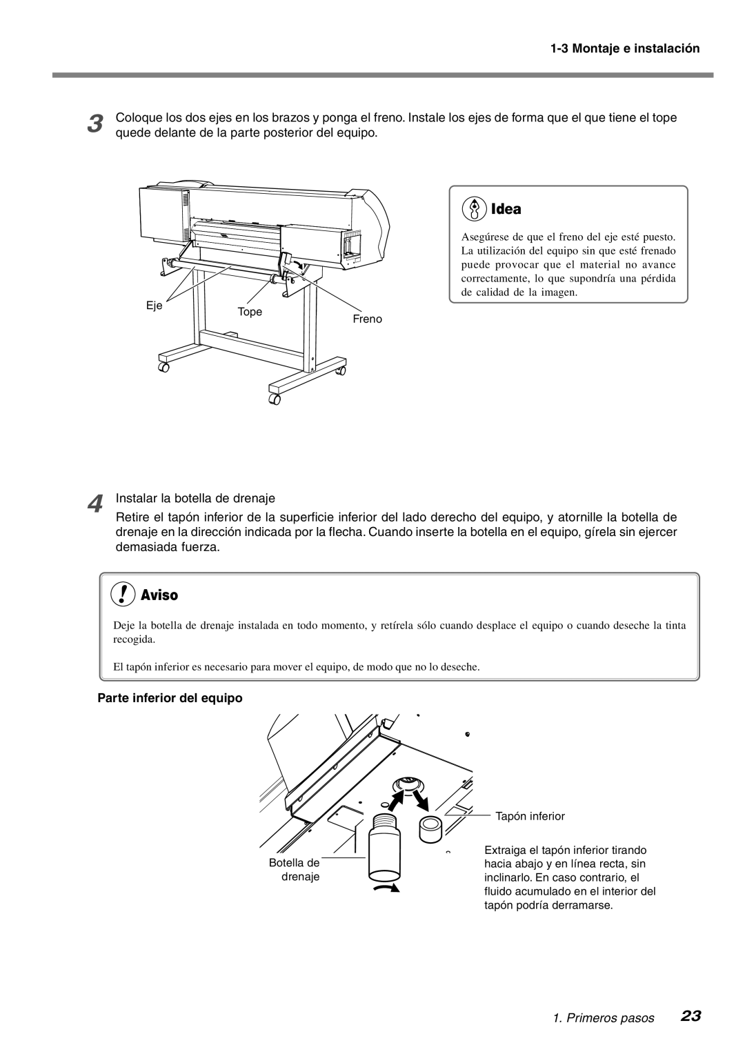 Roland SP-300 Quede delante de la parte posterior del equipo, Instalar la botella de drenaje, Parte inferior del equipo 