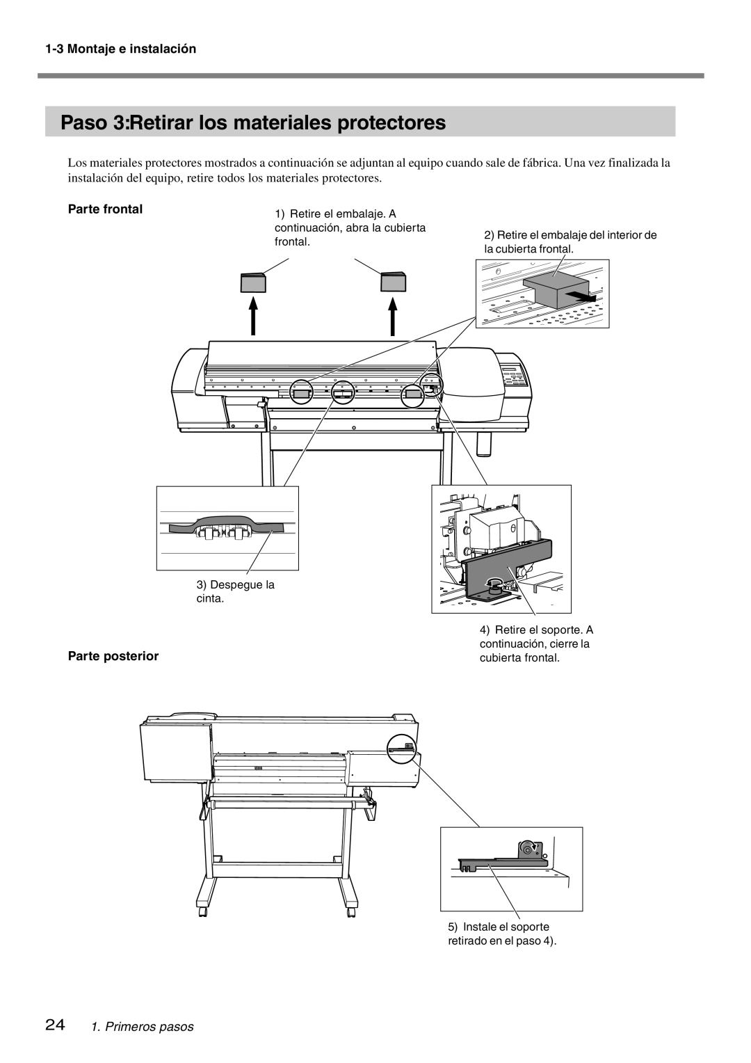 Roland SP-300 manual Paso 3 Retirar los materiales protectores, Parte frontal, Parte posterior 