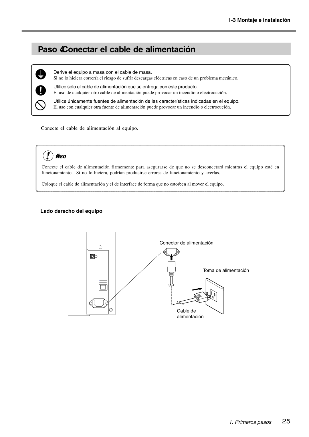 Roland SP-300 manual Paso 4 Conectar el cable de alimentación, Lado derecho del equipo 