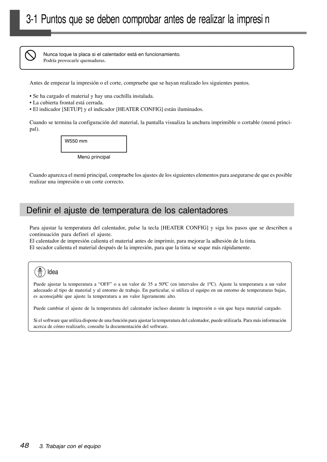 Roland SP-300 manual Definir el ajuste de temperatura de los calentadores, mm Menú principal 