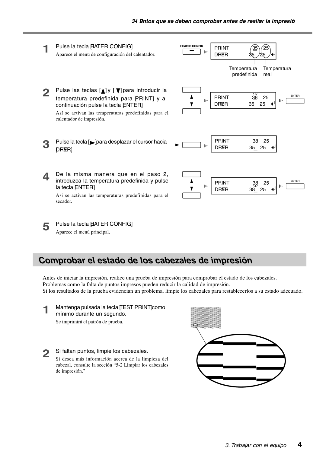 Roland SP-300 manual Comprobar el estado de los cabezales de impresión 