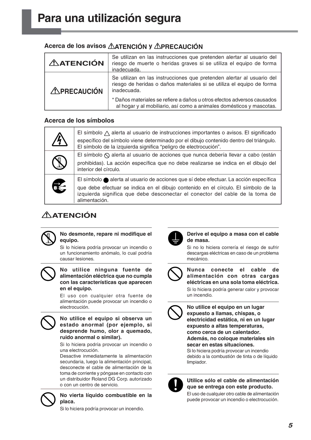 Roland SP-300 manual Para una utilización segura, Acerca de los avisos Atención y Precaución, Acerca de los símbolos 