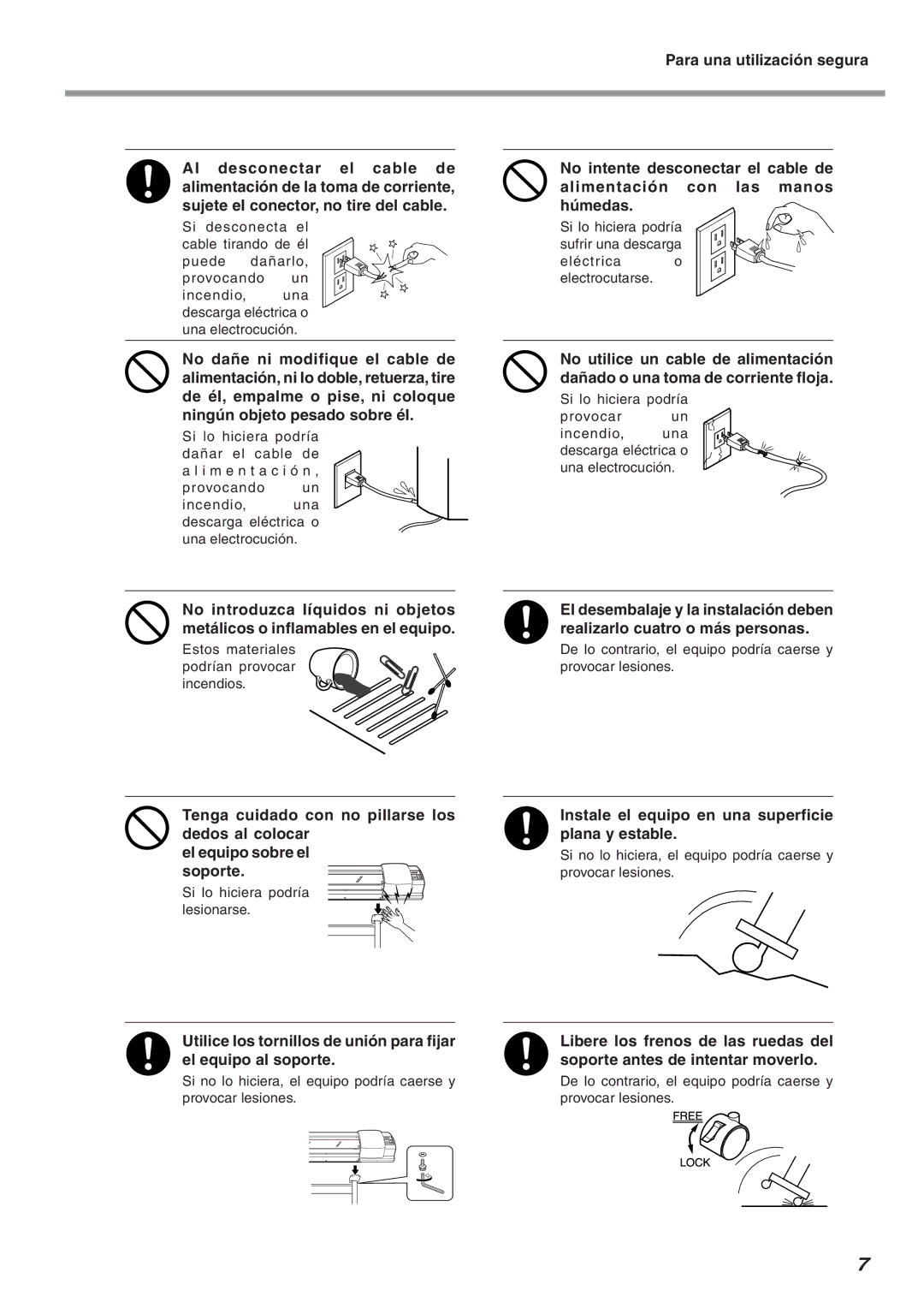 Roland SP-300 manual Instale el equipo en una superficie plana y estable, Estos materiales podrían provocar incendios 