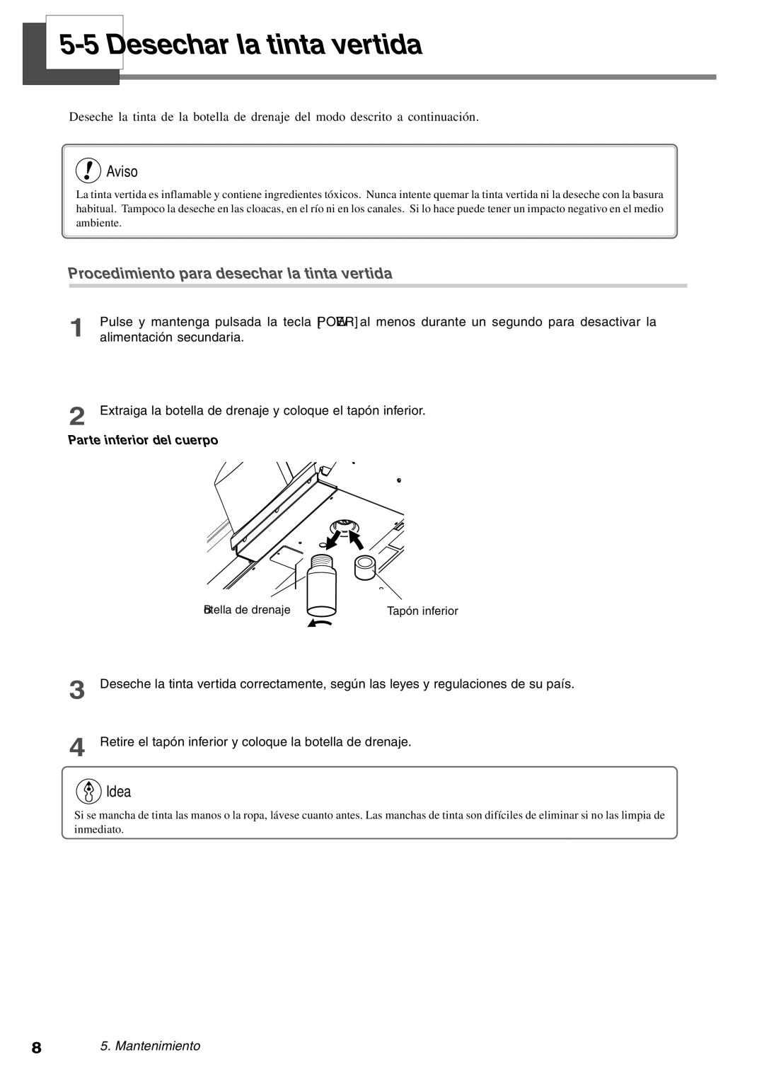 Roland SP-300 5Desecharlatintavertida, Alimentación secundaria, Extraiga la botella de drenaje y coloque el tapón inferior 