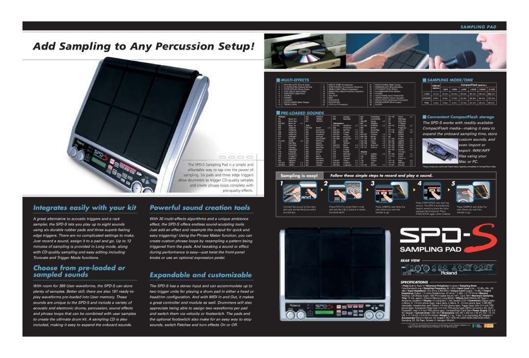 Roland SPD-6 specifications Add Sampling to Any Percussion Setup, Sampling is easy, Rear View, Specifications 