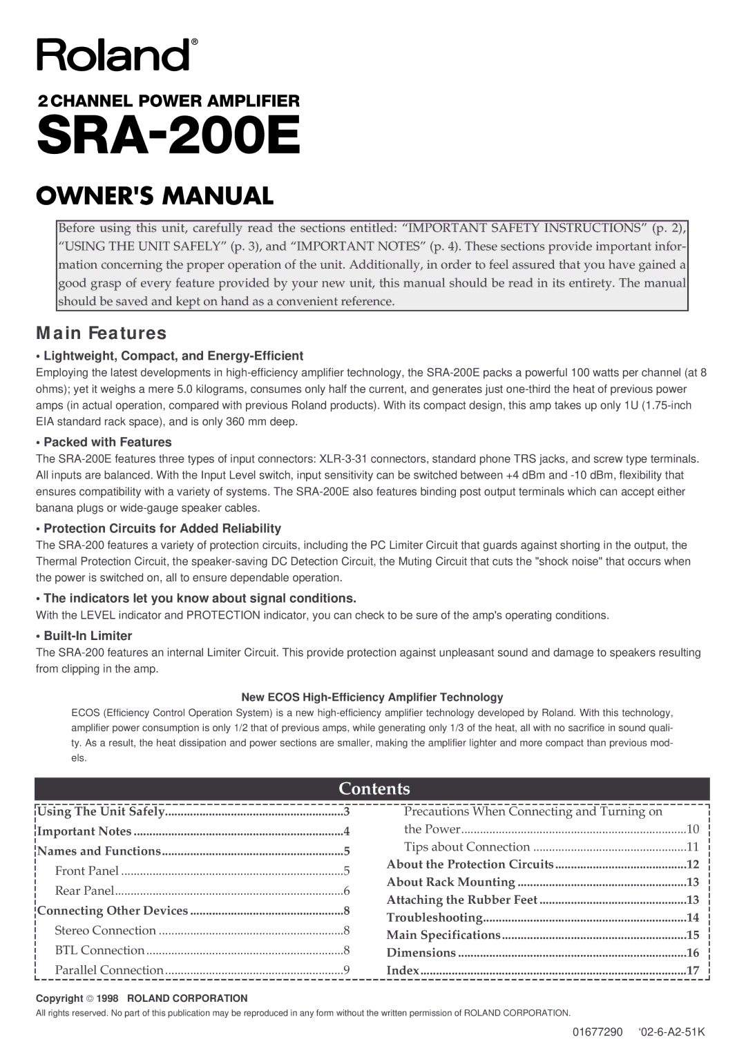 Roland SRA-200E important safety instructions Main Features, Contents 