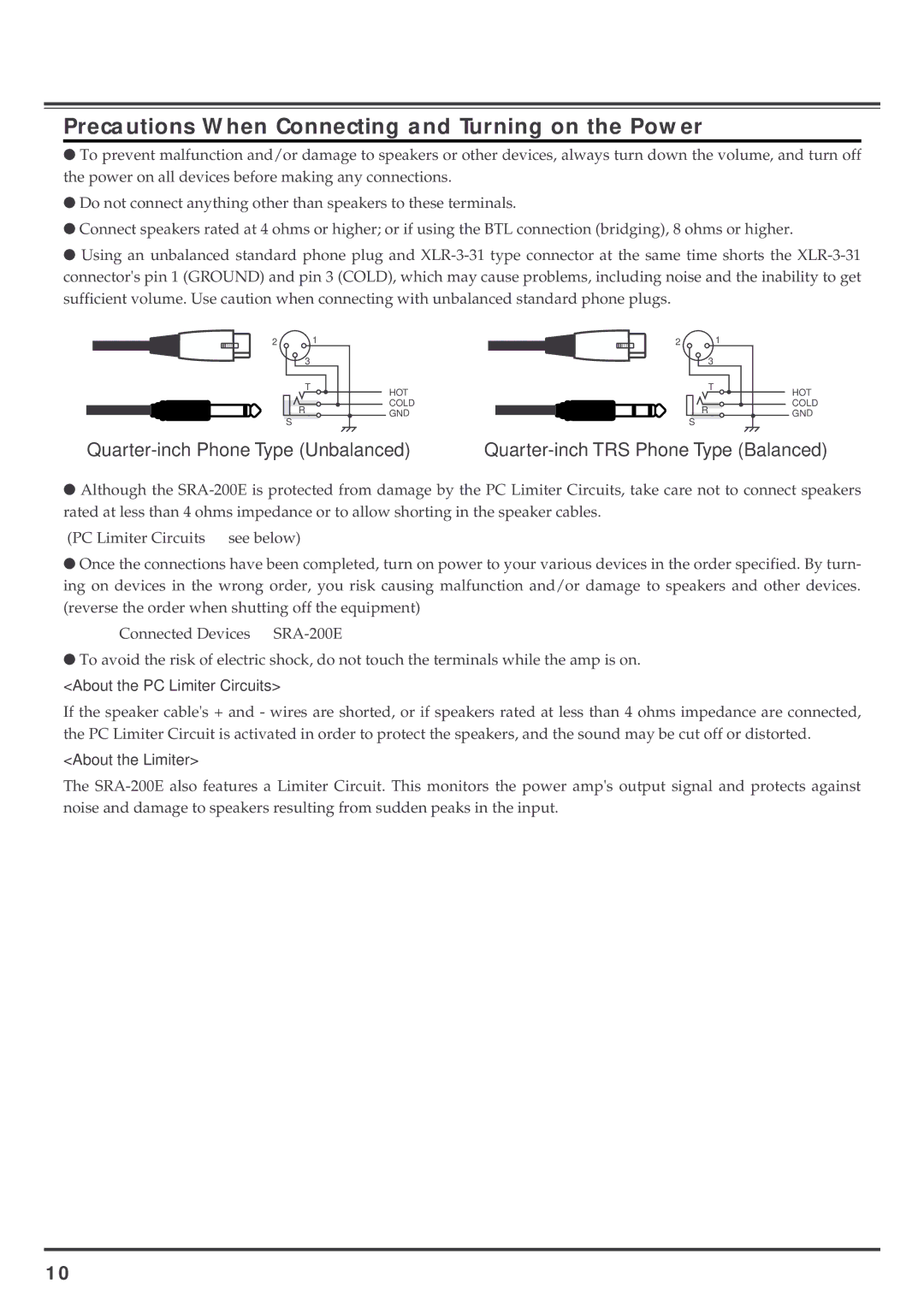 Roland SRA-200E Precautions When Connecting and Turning on the Power, About the PC Limiter Circuits, About the Limiter 