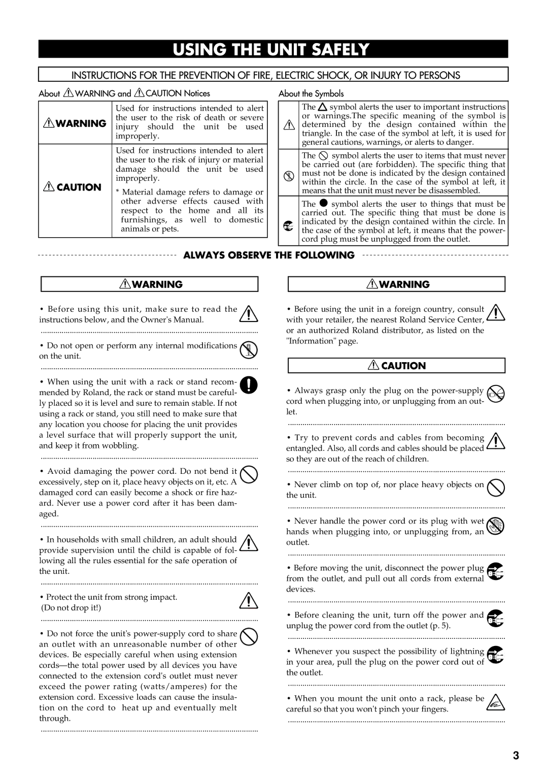 Roland SRA-200E important safety instructions 