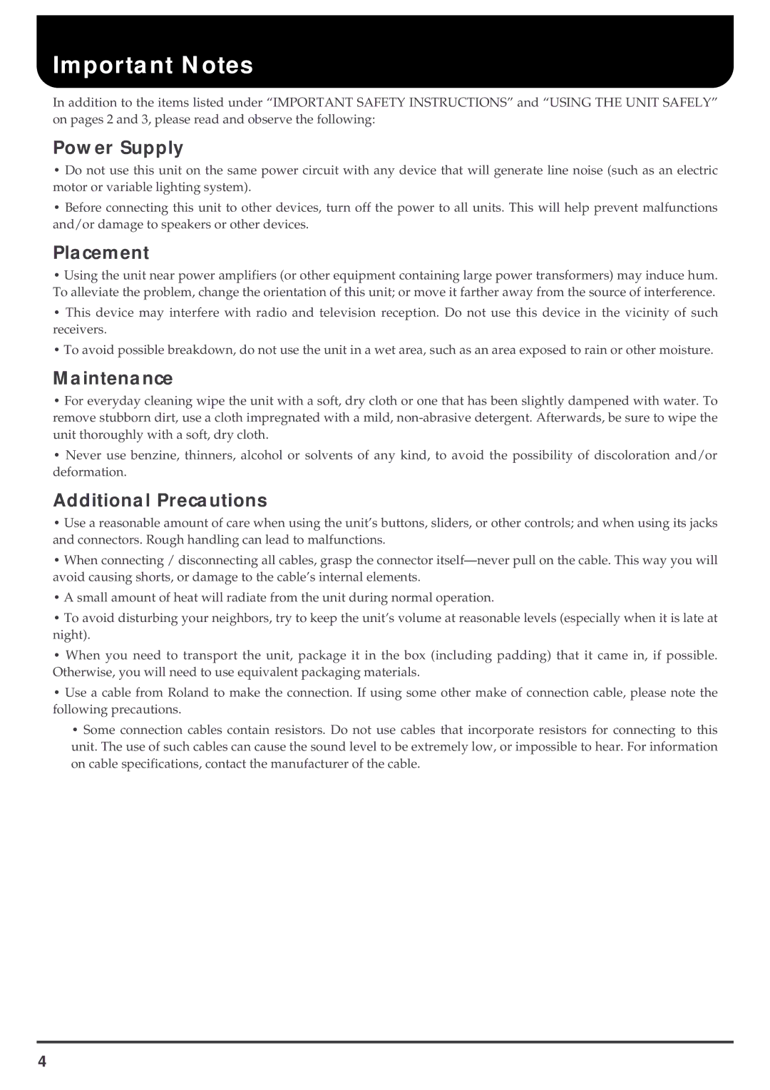 Roland SRA-200E important safety instructions Important Notes, Power Supply, Placement, Maintenance, Additional Precautions 