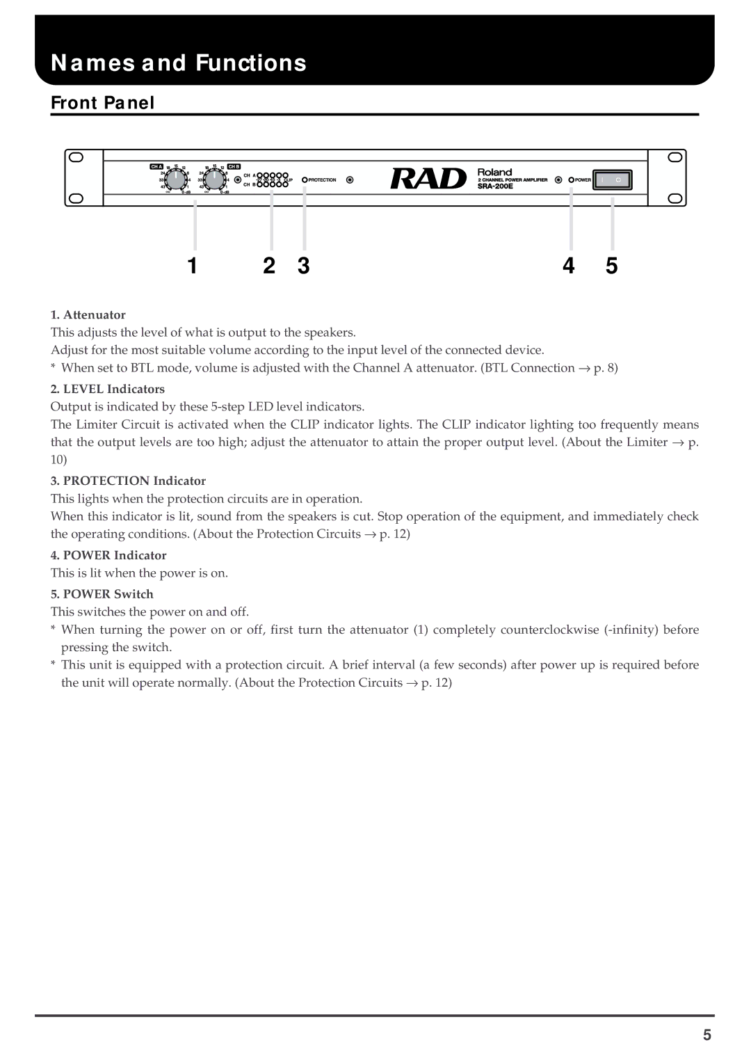 Roland SRA-200E important safety instructions Names and Functions, Protection Indicator, Power Indicator, Power Switch 