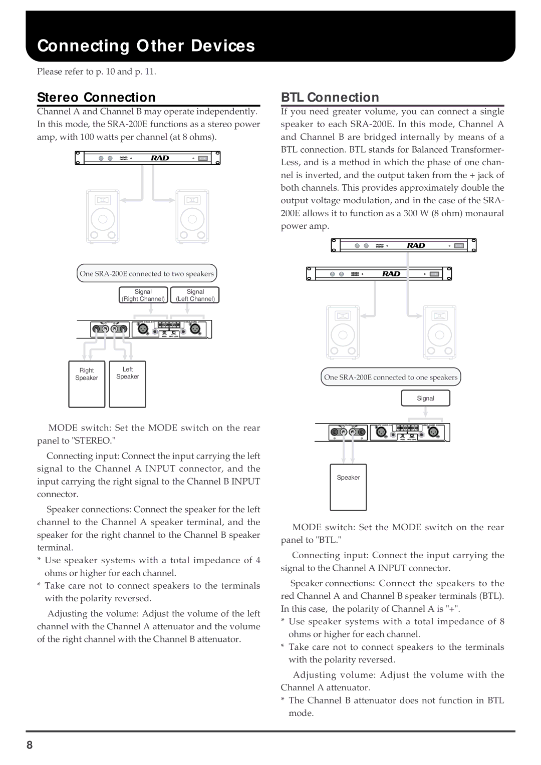 Roland SRA-200E important safety instructions Connecting Other Devices, BTL Connection 