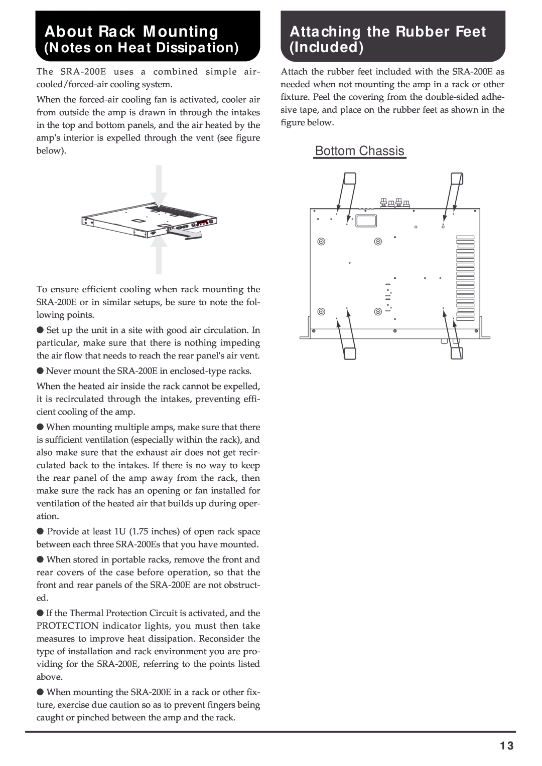 Roland SRA-200E Bottom Chassis, About Rack Mounting, Attaching the Rubber Feet Included, Notes on Heat Dissipation 