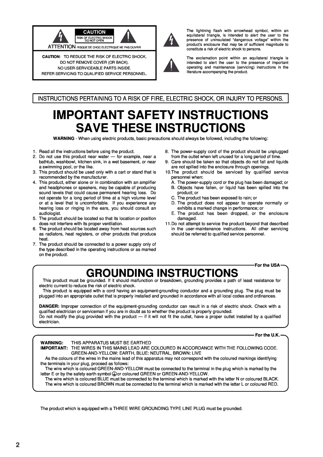 Roland SRA-200E Important Safety Instructions, Save These Instructions, Grounding Instructions, For the USA, For the U.K 