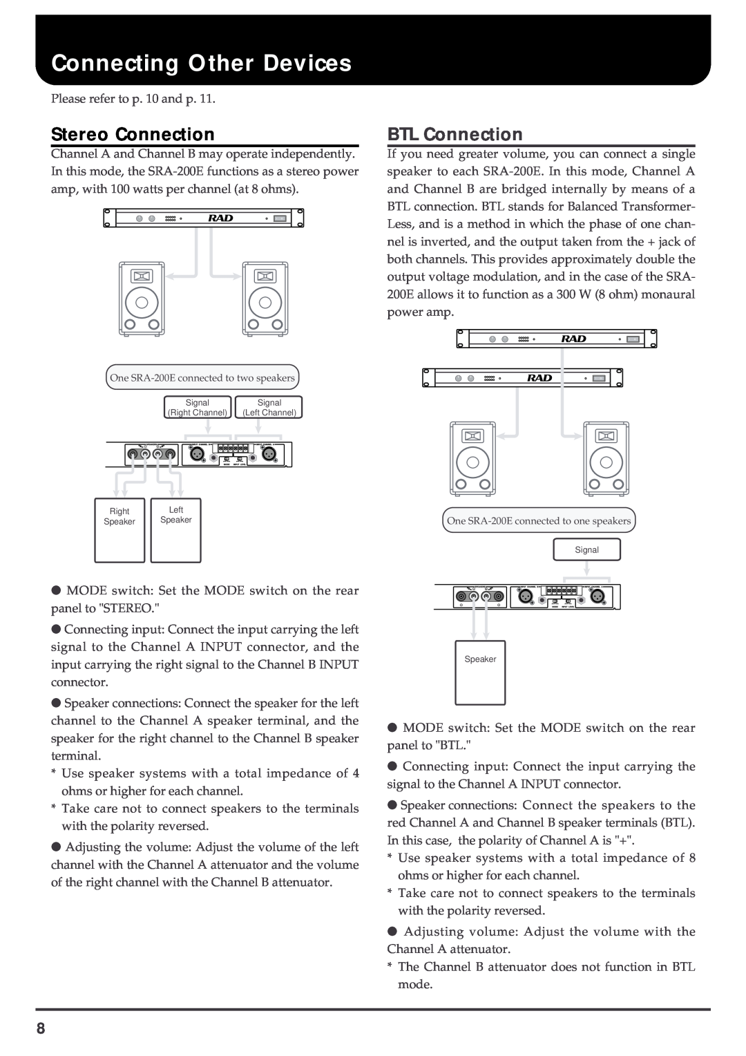 Roland SRA-200E important safety instructions Connecting Other Devices, Stereo Connection, BTL Connection 